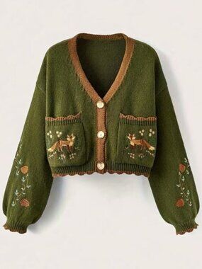 Button Front Fox Nature Army Green Button Front Cardigan